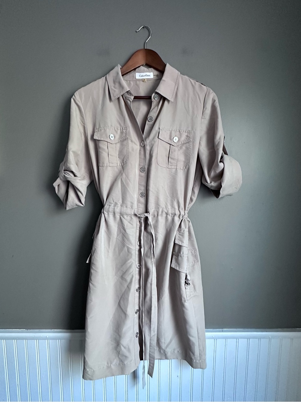 Calvin Klein Tan Beige Button Down Shirt Dress Size 8 Collared Tie Waist Pockets